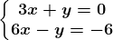 \left\\beginmatrix 3x+y=0\\ 6x-y=-6 \endmatrix\right.